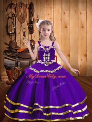 Purple Child Pageant Dress Party and Sweet 16 and Quinceanera and Wedding Party with Embroidery and Ruffled Layers Straps Sleeveless Lace Up