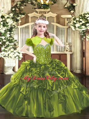 Floor Length Lace Up Little Girl Pageant Gowns Olive Green for Party and Quinceanera with Beading and Ruffles