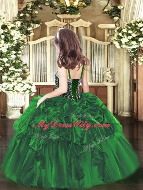 Floor Length Lace Up Little Girl Pageant Gowns Olive Green for Party and Quinceanera with Beading and Ruffles