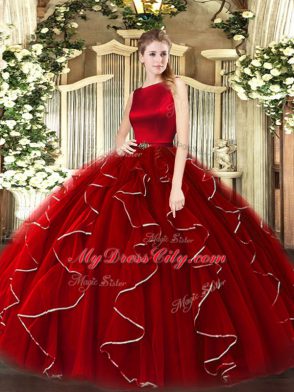 Wine Red Organza Clasp Handle Quinceanera Dress Sleeveless Floor Length Ruffles