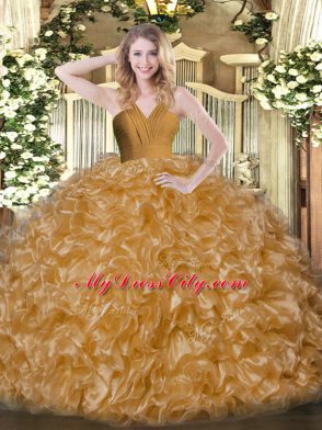 Sleeveless Floor Length Ruffles Zipper Vestidos de Quinceanera with Brown