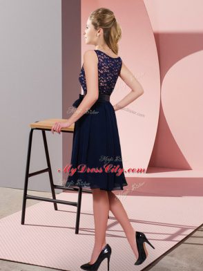 Lavender Chiffon Side Zipper Wedding Party Dress Sleeveless Knee Length Lace and Bowknot