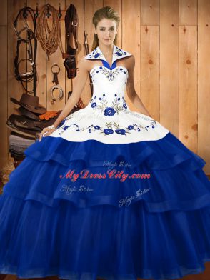Sleeveless Embroidery and Ruffled Layers Lace Up Sweet 16 Dresses with Blue Sweep Train