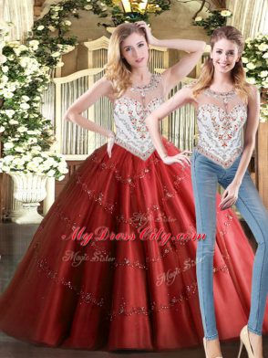 Wine Red Sleeveless Beading Floor Length Sweet 16 Dresses