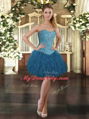 Blue Sweetheart Neckline Beading and Ruffles Dress for Prom Sleeveless Lace Up