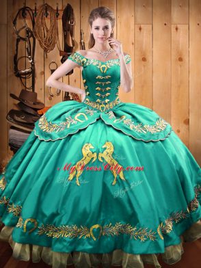 Superior Turquoise Ball Gowns Satin and Organza Off The Shoulder Sleeveless Beading and Embroidery Floor Length Lace Up 15 Quinceanera Dress