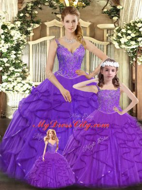 Purple Straps Lace Up Beading and Ruffles Quinceanera Gowns Sleeveless