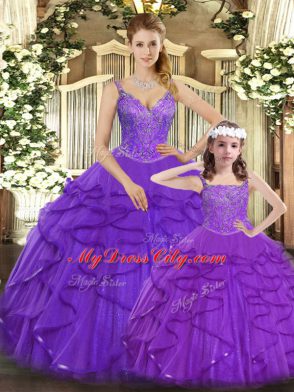 Purple Straps Lace Up Beading and Ruffles Quinceanera Gowns Sleeveless