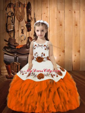 Perfect Orange Ball Gowns Organza Straps Sleeveless Embroidery and Ruffles Floor Length Lace Up Little Girls Pageant Dress Wholesale