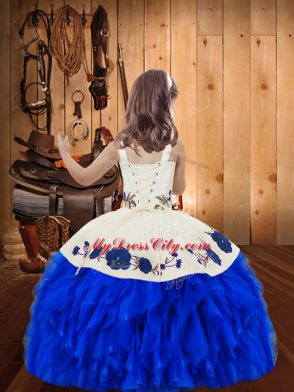 Perfect Orange Ball Gowns Organza Straps Sleeveless Embroidery and Ruffles Floor Length Lace Up Little Girls Pageant Dress Wholesale
