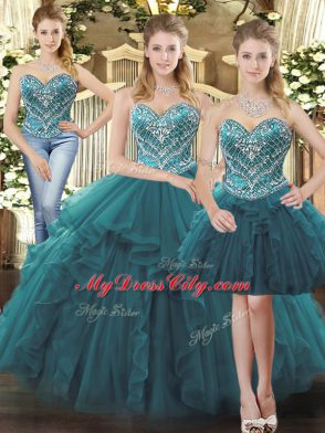 Sweetheart Sleeveless Quinceanera Gowns Floor Length Beading and Ruffles Teal Tulle
