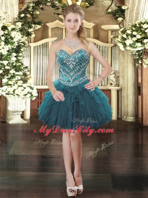 Sweetheart Sleeveless Quinceanera Gowns Floor Length Beading and Ruffles Teal Tulle