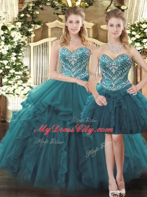 Sweetheart Sleeveless Quinceanera Gowns Floor Length Beading and Ruffles Teal Tulle
