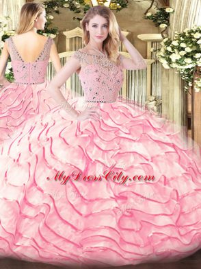 Beading and Ruffled Layers Sweet 16 Dress Baby Pink Zipper Sleeveless Sweep Train