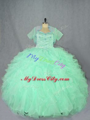 Spectacular Floor Length Apple Green Sweet 16 Dresses Organza Sleeveless Beading and Ruffles
