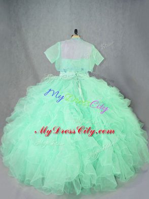 Spectacular Floor Length Apple Green Sweet 16 Dresses Organza Sleeveless Beading and Ruffles
