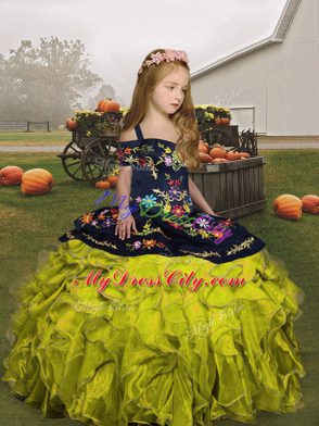 Custom Made Green Lace Up Straps Embroidery and Ruffles Little Girls Pageant Gowns Organza Sleeveless
