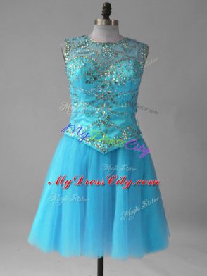 Aqua Blue A-line Tulle Scoop Sleeveless Beading and Sequins Mini Length Lace Up Dress for Prom