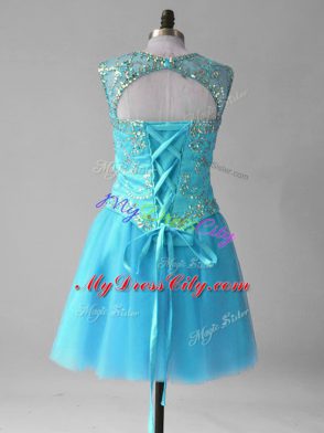 Aqua Blue A-line Tulle Scoop Sleeveless Beading and Sequins Mini Length Lace Up Dress for Prom