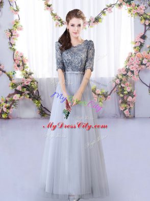 Grey Half Sleeves Tulle Lace Up Bridesmaid Dresses for Wedding Party