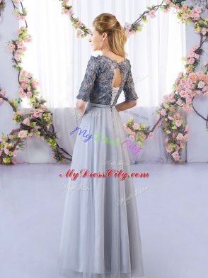 Grey Half Sleeves Tulle Lace Up Bridesmaid Dresses for Wedding Party