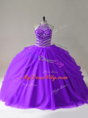 Sweet Purple Ball Gowns Tulle Halter Top Sleeveless Beading Floor Length Lace Up Sweet 16 Dresses