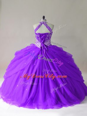 Sweet Purple Ball Gowns Tulle Halter Top Sleeveless Beading Floor Length Lace Up Sweet 16 Dresses