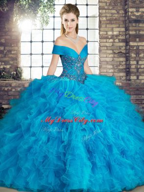 Beading and Ruffles Quinceanera Dress Blue Lace Up Sleeveless Floor Length