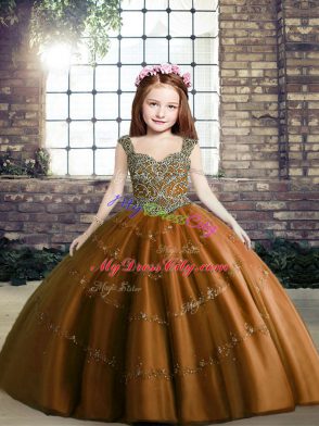 Cheap Brown Sleeveless Beading Floor Length Little Girls Pageant Gowns