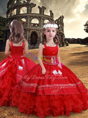 Popular Strapless Sleeveless Lace Up Ball Gown Prom Dress Red Satin