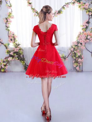 Lovely V-neck Cap Sleeves Lace Up Dama Dress for Quinceanera Hot Pink Lace