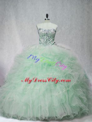 Apple Green Ball Gowns Tulle Strapless Sleeveless Beading and Ruffles Lace Up Quinceanera Gowns Brush Train