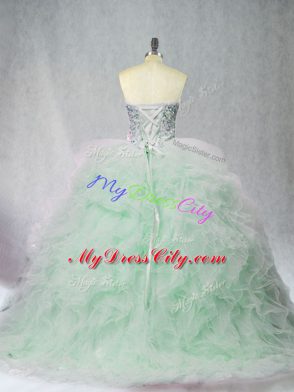 Apple Green Ball Gowns Tulle Strapless Sleeveless Beading and Ruffles Lace Up Quinceanera Gowns Brush Train