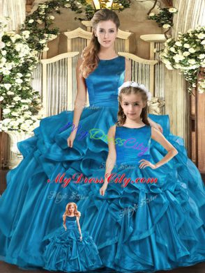 Teal Ball Gowns Organza Scoop Sleeveless Ruffles Floor Length Lace Up 15th Birthday Dress