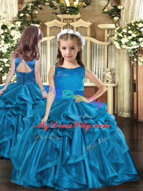 Teal Ball Gowns Organza Scoop Sleeveless Ruffles Floor Length Lace Up 15th Birthday Dress