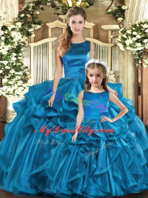Teal Ball Gowns Organza Scoop Sleeveless Ruffles Floor Length Lace Up 15th Birthday Dress