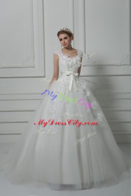 White Ball Gowns V-neck Sleeveless Tulle Brush Train Lace Up Lace and Appliques and Belt and Hand Made Flower Wedding Dresses