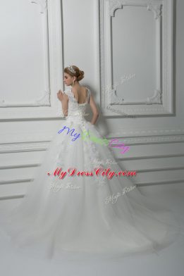 White Ball Gowns V-neck Sleeveless Tulle Brush Train Lace Up Lace and Appliques and Belt and Hand Made Flower Wedding Dresses