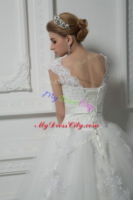 White Ball Gowns V-neck Sleeveless Tulle Brush Train Lace Up Lace and Appliques and Belt and Hand Made Flower Wedding Dresses