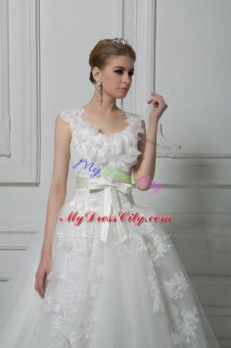White Ball Gowns V-neck Sleeveless Tulle Brush Train Lace Up Lace and Appliques and Belt and Hand Made Flower Wedding Dresses