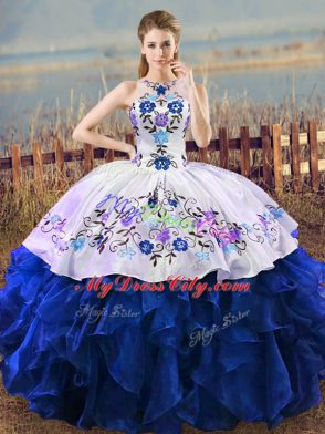 Best Selling Floor Length Blue And White Vestidos de Quinceanera Organza Sleeveless Embroidery and Ruffles