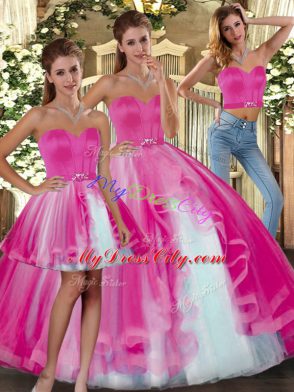 Gorgeous Tulle Sweetheart Sleeveless Lace Up Beading Sweet 16 Quinceanera Dress in Fuchsia