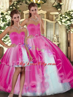Gorgeous Tulle Sweetheart Sleeveless Lace Up Beading Sweet 16 Quinceanera Dress in Fuchsia