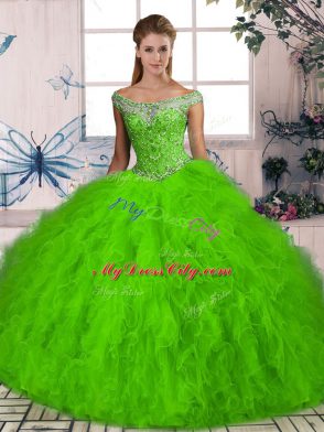 Sweet Off The Shoulder Sleeveless 15 Quinceanera Dress Brush Train Beading and Ruffles Tulle