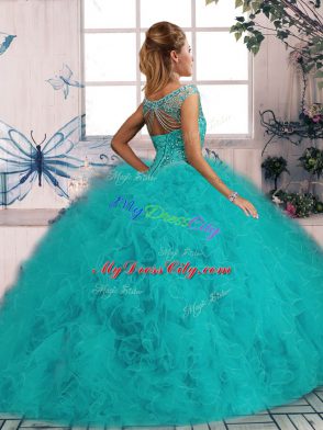Sweet Off The Shoulder Sleeveless 15 Quinceanera Dress Brush Train Beading and Ruffles Tulle