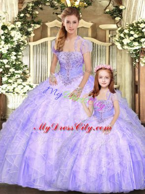 Lavender Sleeveless Floor Length Beading and Appliques and Ruffles Lace Up Quinceanera Dress