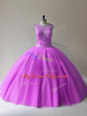 Lovely Lilac Ball Gowns Beading Quinceanera Gown Lace Up Tulle Sleeveless Floor Length