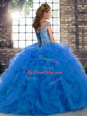 Wonderful Sleeveless Beading and Ruffles Lace Up 15th Birthday Dress with Gold Brush Train