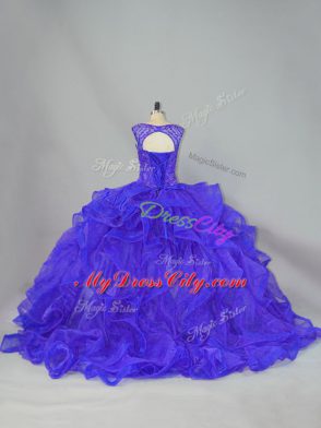 Best Selling Blue Sleeveless Brush Train Beading and Ruffles Quinceanera Gown