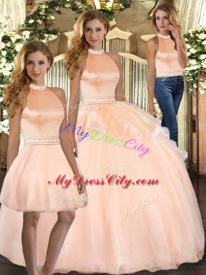 Excellent Floor Length Backless Quince Ball Gowns Peach for Sweet 16 and Quinceanera with Beading